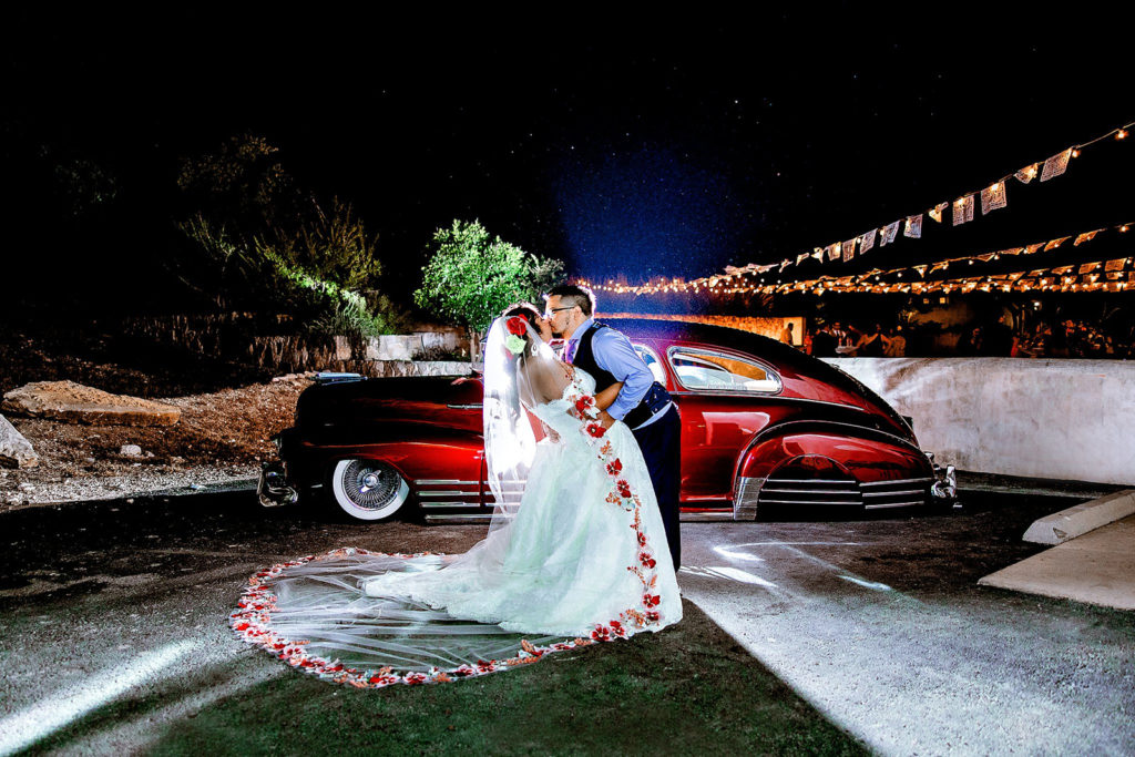 Bride and Groom Exit with Classic Car at Lost Mission
